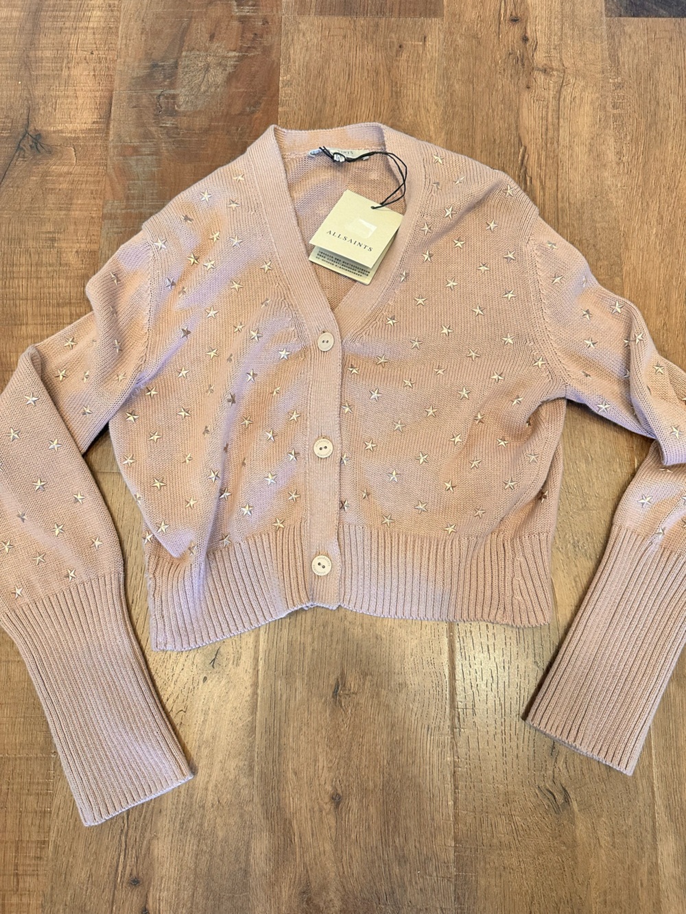 All saints star stud  Knit crop Sweater in Taupe with Gold Stars size small NWT